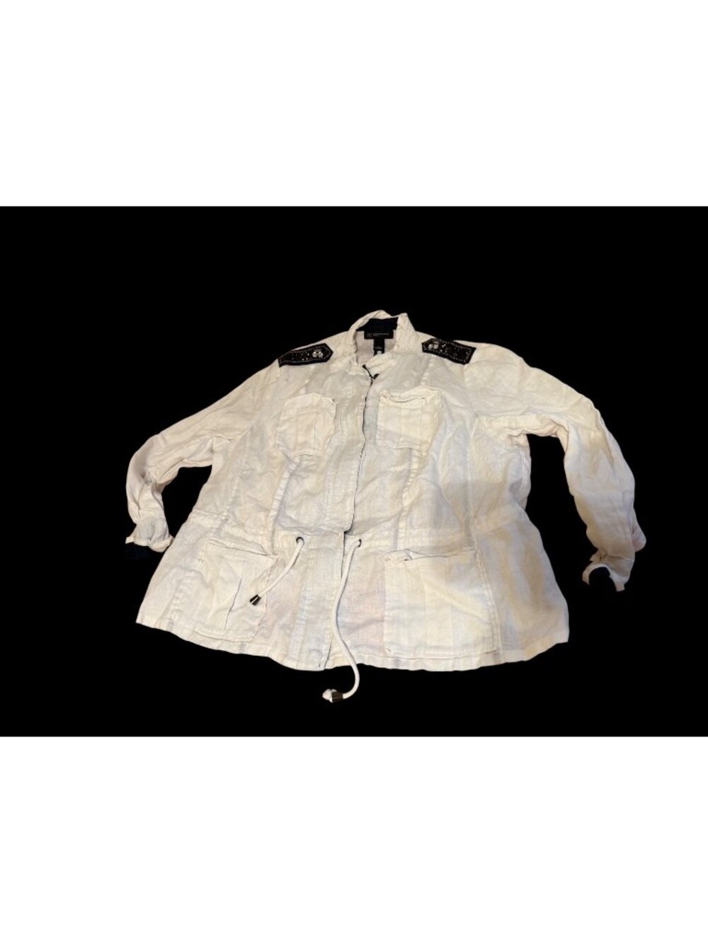 INC Womens White Linen Utility Military Jacket  Beaded Epaulettes Sz 1X Coastal